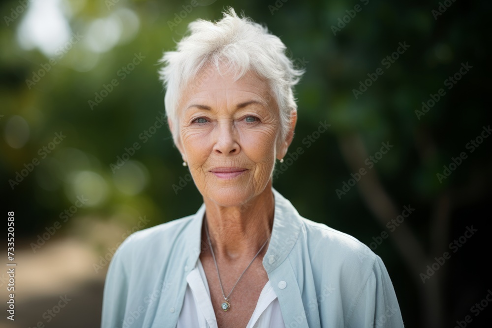 Portrait of senior woman with grey hair on blurred background in garden Portrait of senior woman with grey hair on blurred background in garden