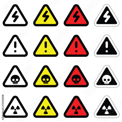 set different colors triangular icon radioactive nuclear sign electric voltage warning danger symbol alert caution hazard danger traffic vector flat design for website mobile isolated white Background