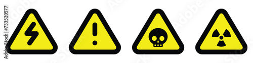 set yellow black triangle icon radioactive nuclear sign electric alarm voltage warning danger symbol alert caution hazard danger traffic vector flat design for website mobile isolated white Background