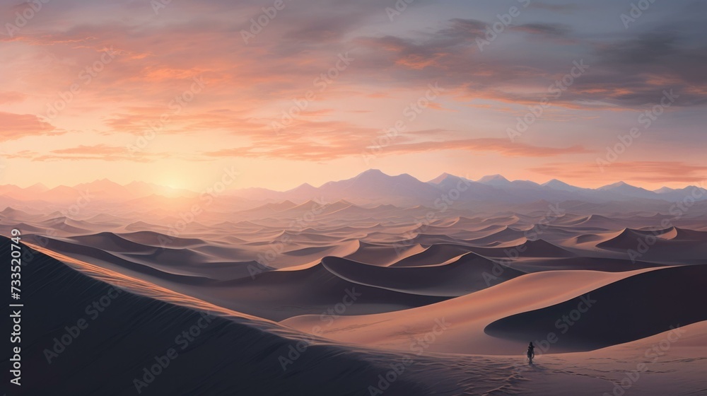 A desert landscape with mountains and sand dunes. Generative AI. A desert landscape with mountains and sand dunes. Generative AI.