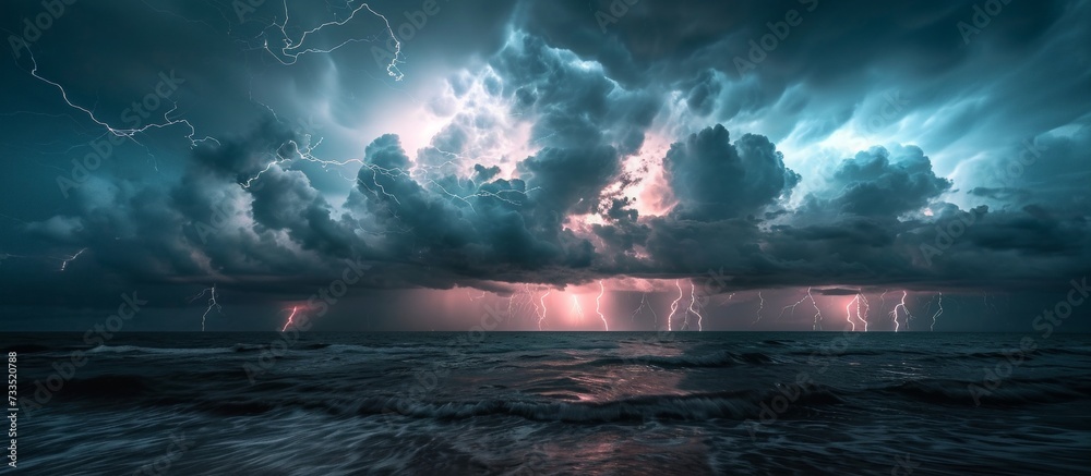 Powerful storm electrifies the ocean with numerous lightning strikes.