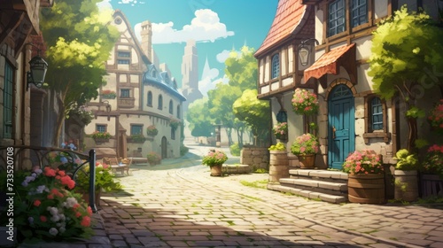 An animated street scene with a small town and flowers. Generative AI. © Nikolay