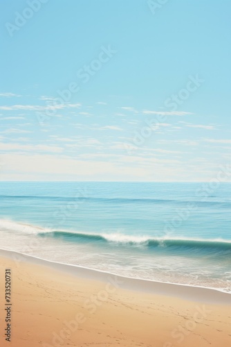 A beach scene with a blue sky and a wave. Generative AI.