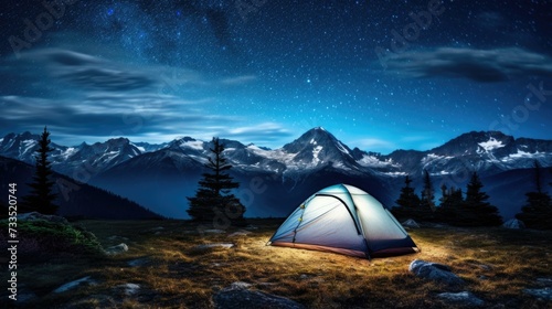 A tent is lit up at night in the mountains. Generative AI.