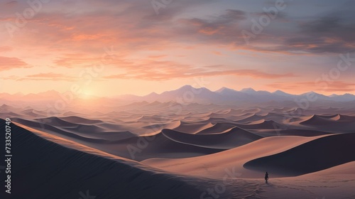 A desert landscape with mountains and sand dunes. Generative AI.
