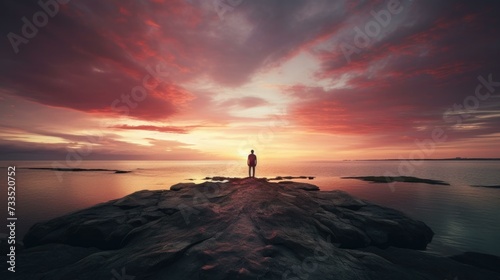 A man standing on a rock in front of a sunset. Generative AI.
