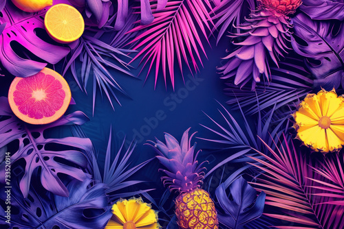 Tropical and palm leaves in vibrant bold gradient holographic colors. Concept art. Minimal surrealism, Summer holiday vacation concept