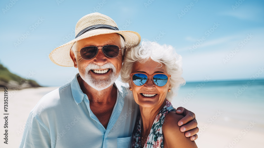 An elderly couple stand and smile happy feeling and chilling on the beach.