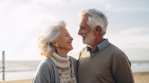 An elderly couple stand and smile happy feeling and chilling on the beach.