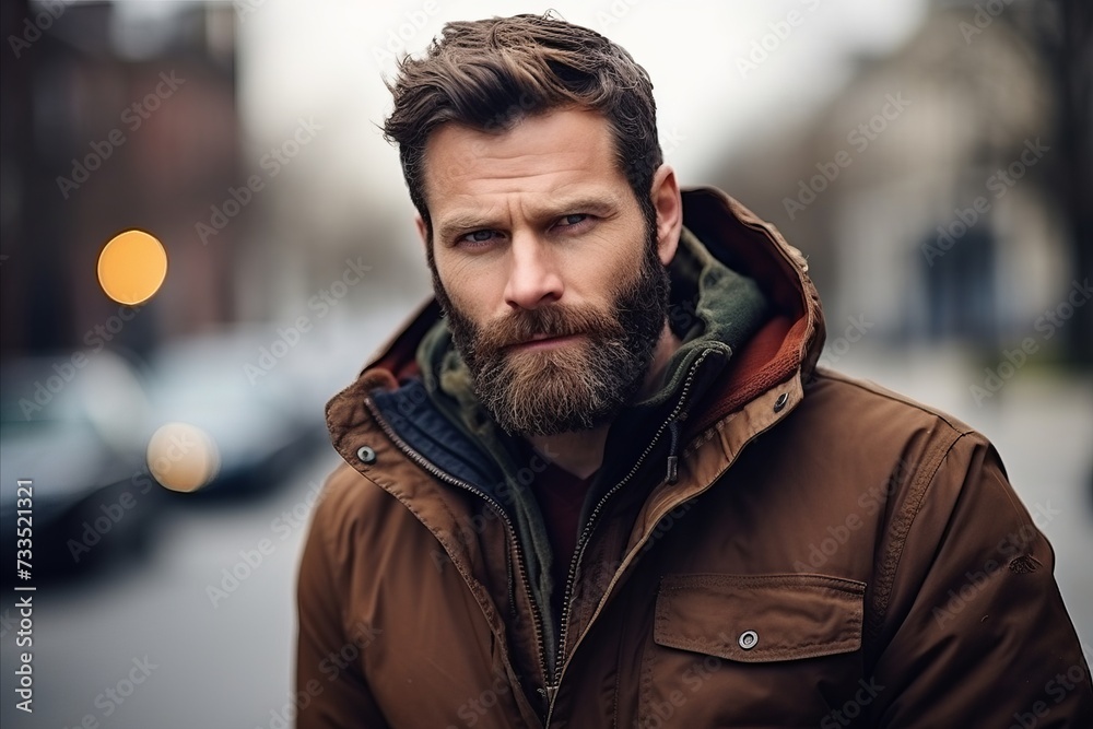Portrait of a handsome bearded man in a coat on the street Portrait of a handsome bearded man in a coat on the street