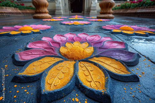 Artistic Rangoli patterns created with vibrant Holi powders, adorning the entrances of homes and public spaces, adding a touch of traditional elegance to the celebration.  Generative Ai.