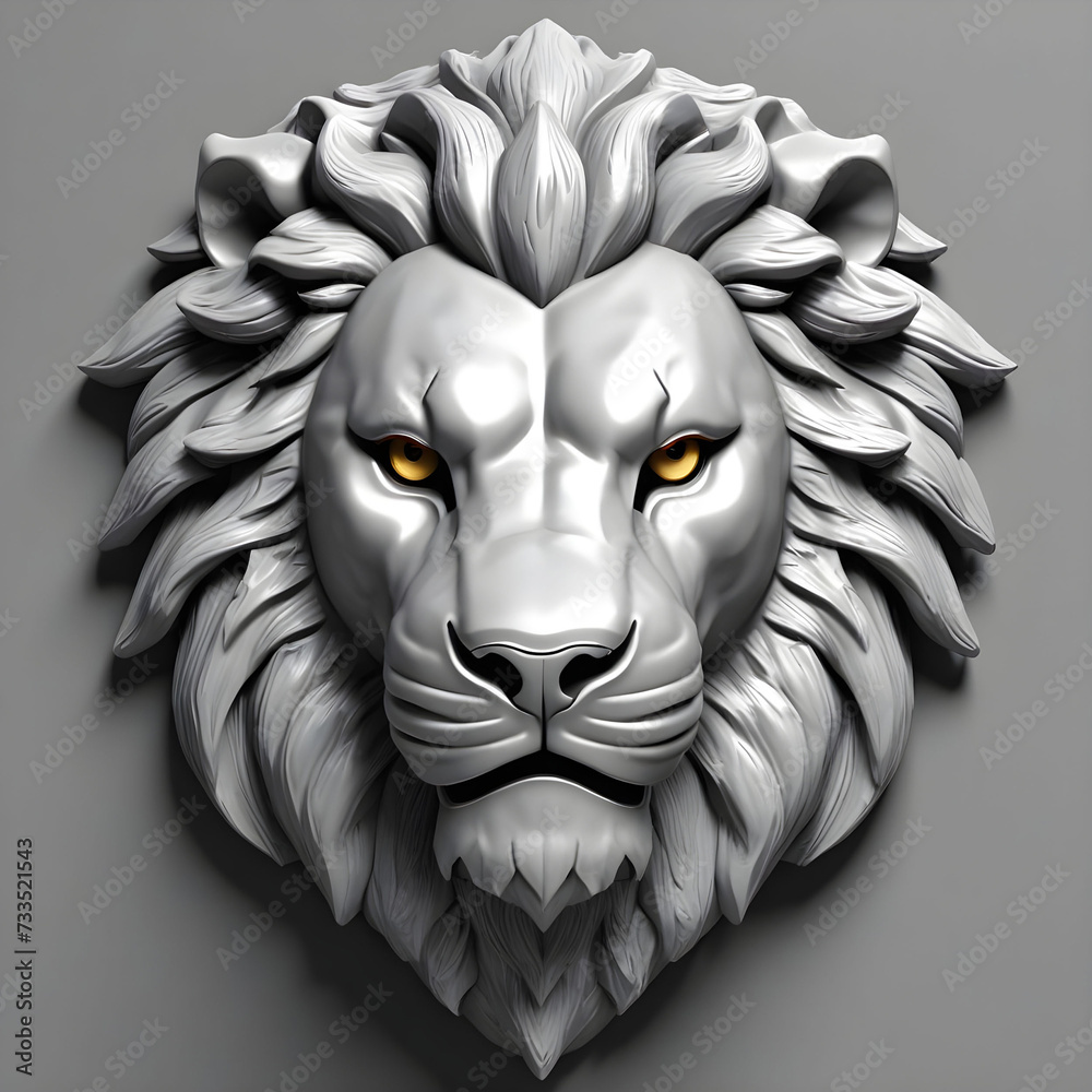 Naklejka premium Lion Head Silver Grey 3d Statue on the Wall