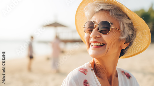 An elderly women standing smile and chilling on the beach #733521545