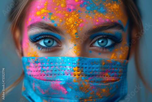 Holi-themed face masks and accessories designed for the celebration, adding a fashionable and safety-conscious touch to the festivities. Concept of festive accessories. Generative Ai.