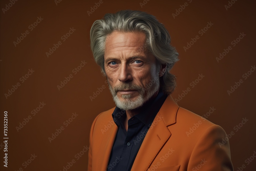 Portrait of a senior man with grey hair wearing an orange suit and looking at the camera while standing against a brown background Portrait of a senior man with grey hair wearing an orange suit and looking at the camera while standing against a brown background
