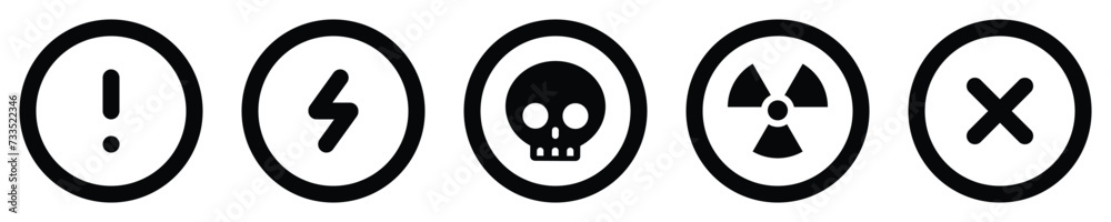 set attention circle sign warning electric alert radioactive crossing stop traffic symbol caution hazard danger badge road mark vector flat design for web mobile isolated white Background set attention circle sign warning electric alert radioactive crossing stop traffic symbol caution hazard danger badge road mark vector flat design for web mobile isolated white Background