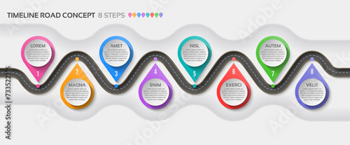 Isometric navigation map infographic 8 steps timeline concept. Winding road.