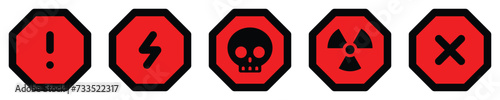 set attention octagon sign warning electric alert radioactive crossing stop traffic symbol caution hazard danger badge road mark vector flat design for web mobile isolated white Background