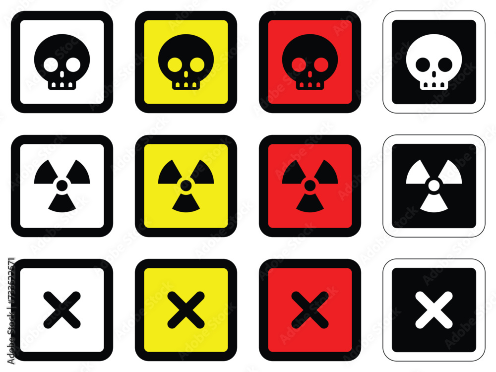 set attention square different colors sign warning electric alert radioactive cross traffic symbol caution hazard danger badge road mark vector flat design for web mobile isolated white Background set attention square different colors sign warning electric alert radioactive cross traffic symbol caution hazard danger badge road mark vector flat design for web mobile isolated white Background