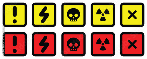 set attention red yellow square sign warning electric alert radioactive crossing stop traffic symbol caution hazard danger badge road mark vector flat design for web mobile isolated white Background