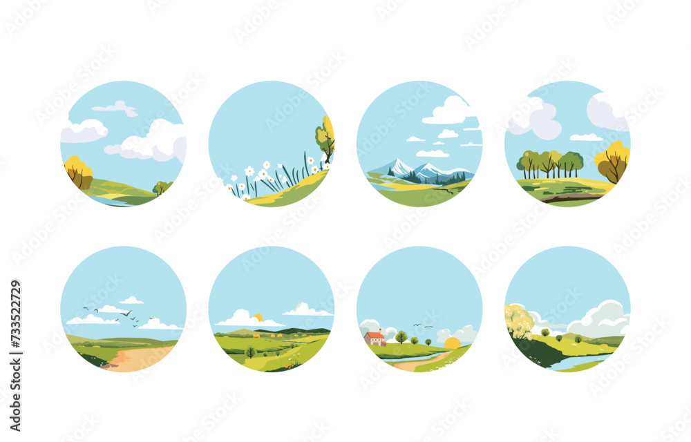 Spring landscape circle element set with mountain and tree Editable vector illustration for hilight social media Spring landscape circle element set with mountain and tree Editable vector illustration for hilight social media