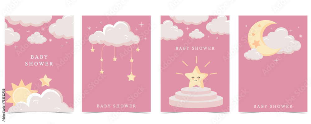 Fototapeta premium Twinkle pink baby background for vertical a4 design with cloud and star