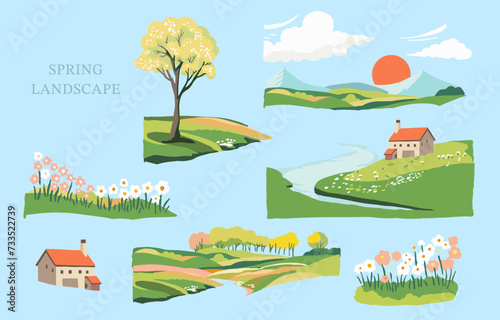 Spring landscape element set with mountain and tree Editable vector illustration for graphic dedsign