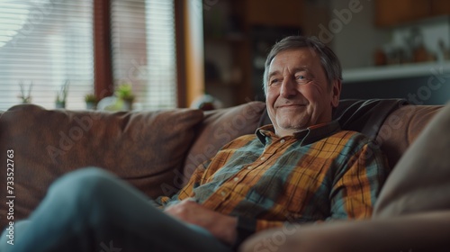 Smiling middle aged man sitting on sofa at home, single mature senior in living room. © Pro Hi-Res