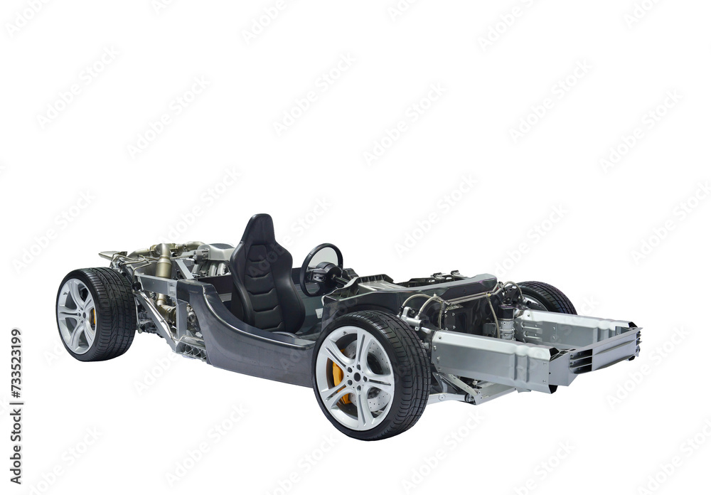 Supercar platform prototype chassis frame engine include tires on white background