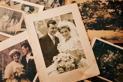 Capturing Love in Instant Frames: A Collection of Polaroid Photos from a 60s or 70s Wedding Photoshoot – Nostalgic Moments Frozen in Time. photo