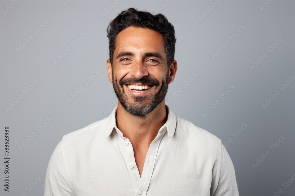 Handsome man laughing and looking at camera over grey background. Handsome man laughing and looking at camera over grey background.