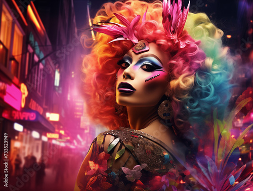 Vibrant Drag Queen Strutting Down a Bustling City Street at Dusk