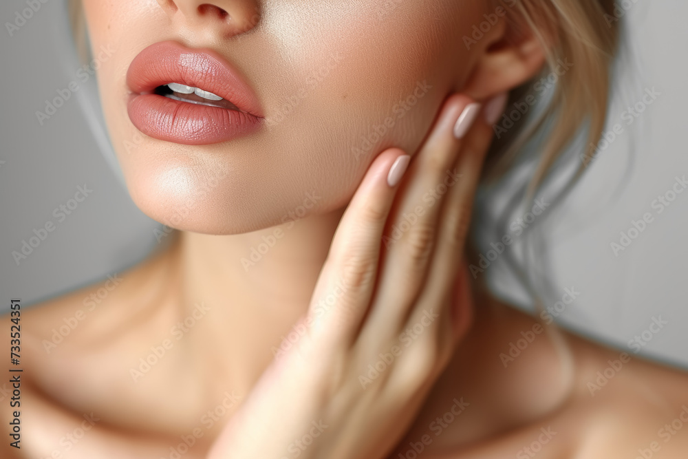 A woman with a hand on her throat, expressing discomfort from a sore throat. Concept of throat pain and irritation. Generative Ai. A woman with a hand on her throat, expressing discomfort from a sore throat. Concept of throat pain and irritation. Generative Ai.