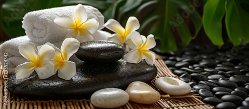 Frangipani  stones  towel  soap  and mat create a spa atmosphere.