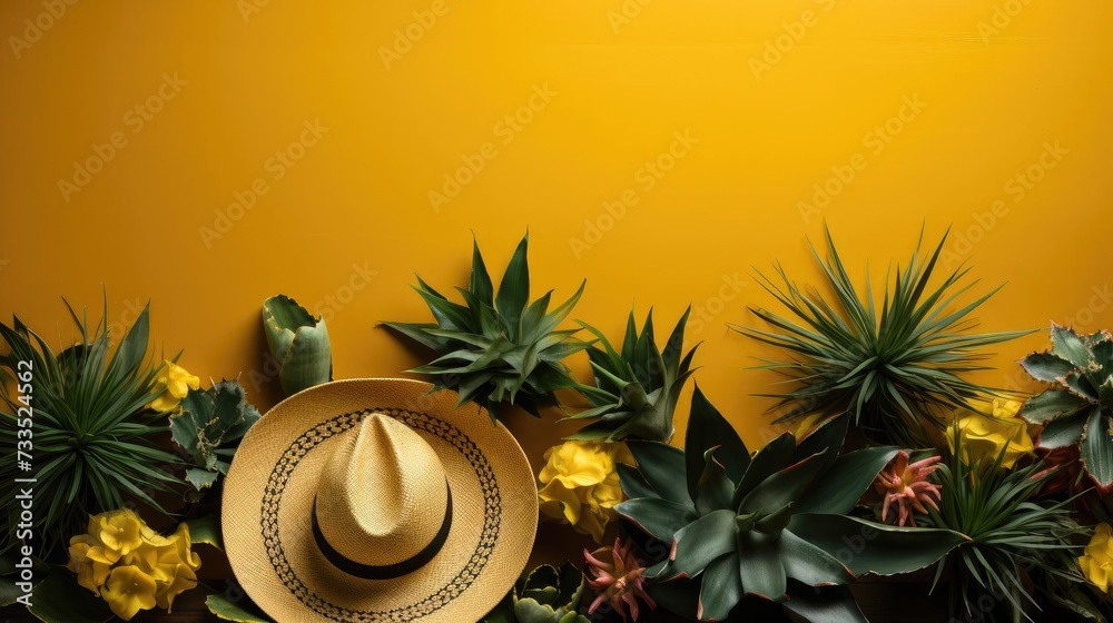 Cinco de Mayo banner background concept with sombrero hat ornament, cactus and flowers - obrazy, fototapety, plakaty 