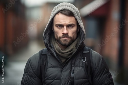 Portrait of a handsome bearded man in a winter jacket and a hood.