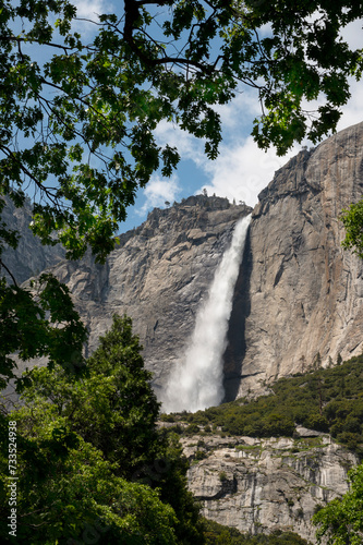upper and lower Yosemite Fall from distance. Yosemite Falls in Yosemite Valley, National Park