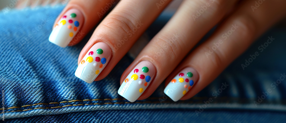 Woman's nails with beautiful manicure, white nail polish, gel with with colorful dots on jeans. AI generated - obrazy, fototapety, plakaty 