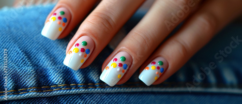 Woman's nails with beautiful manicure, white nail polish, gel with with colorful dots on jeans. AI generated photo