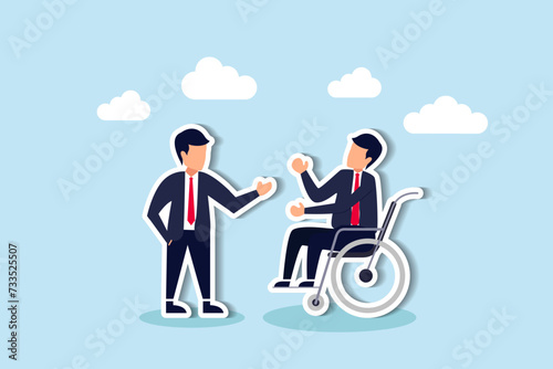 Inclusive workplaces offer career opportunities for disabled individuals, promoting diversity concept, HR officer offering job for new disabled candidate on the wheelchair to be permanent employee.