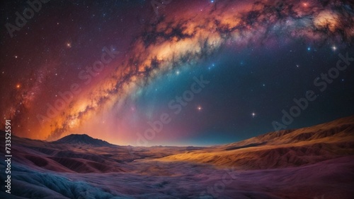  Explore the vast expanse of a cosmic tapestry landscape  where swirling galaxies and shimmering stars collide in a breathtaking display of color and light. 