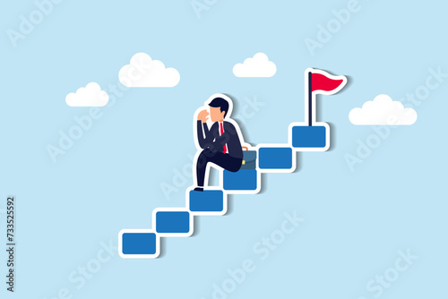 Fear of failure breeds anxiety, hindering career development, causing reluctance to progress, contributing to midlife crises concept, depressed businessman give up alone on stairway to success goal.