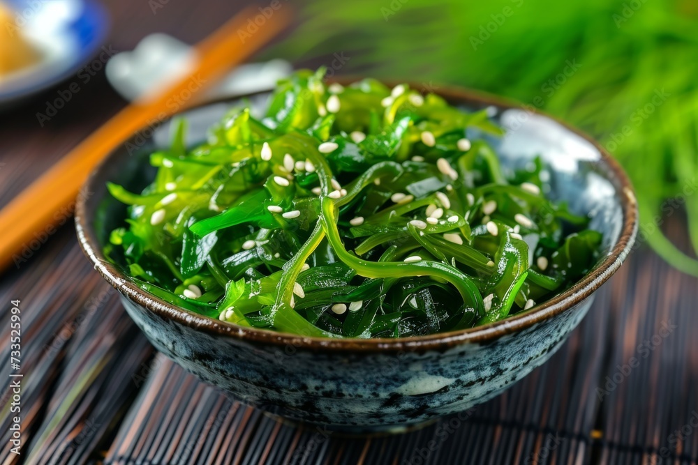 Seaweed salad with sesame on wooden background. Seaweed salad with sesame on wooden background.