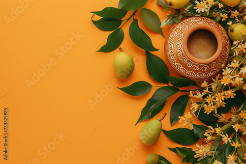 Traditional Indian kalash, flowers with mango leaf on yellow background. Ugadi or Gudi Padwa celebration. Hindu New Year. Religion and ethnic concept. Flat lay for banner, greeting card, poster