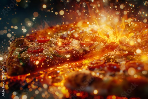Sparkling Burst Over Fresh Pizza: A tantalizing close-up of a freshly baked pizza with a burst of sparkles, emphasizing its hot and delicious appearance. photo