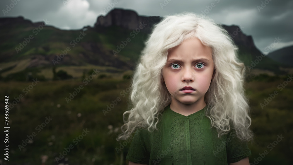 A portrait of a young girl with white hair and wearing a green top while standing in front of a field and a mountain. A portrait of a young girl with white hair and wearing a green top while standing in front of a field and a mountain.