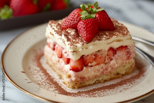 Slice of tiramisu with strawberries on a white dish