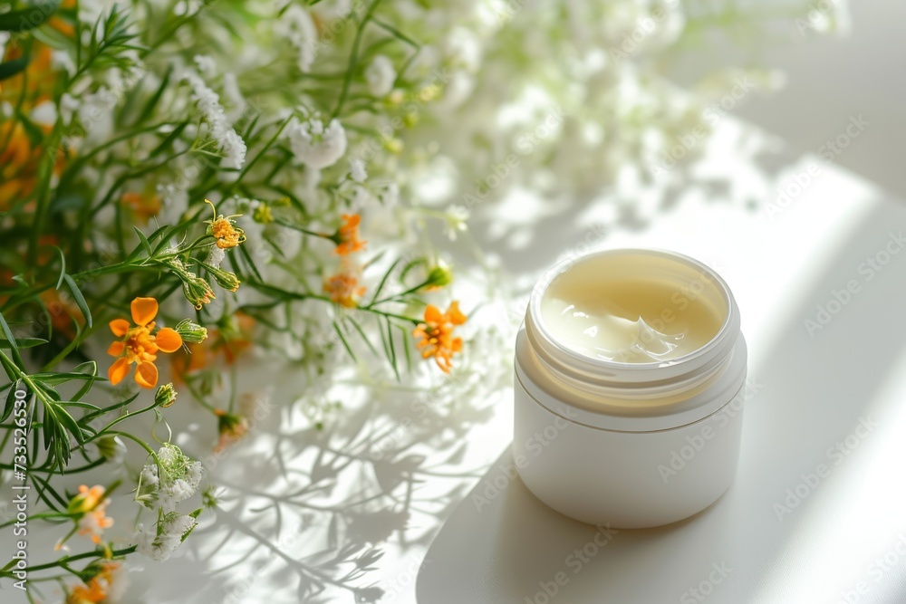 Cream jar among blooming plants on light background. Cream jar among blooming plants on light background.
