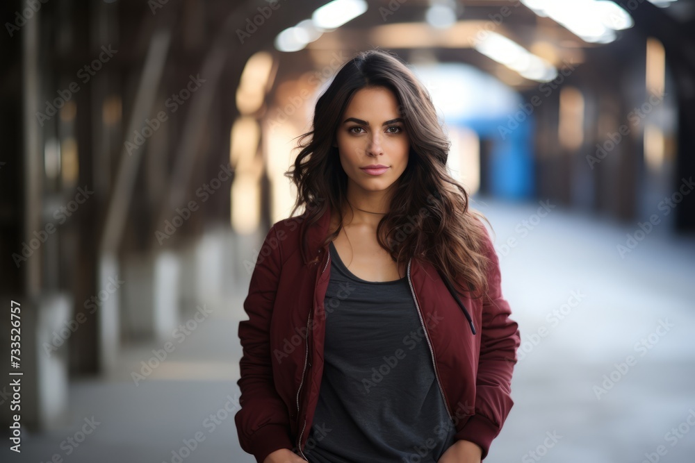 Portrait of a beautiful young brunette woman in urban background.