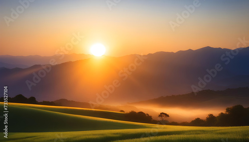 Sunrise, Sky, Landscape, Nature, Scenic, Horizon, Sun, Morning, Beauty, Dawn, Early, Golden Hour, Orange, Atmospheric, Peaceful, AI Generated © Say it with silence.
